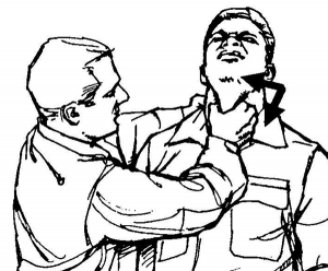 Figure 4. An image from the US Army Field Manual of Close Quarters Combat showing the trachea choke; the laryngeal handshake is a gentle version of this five-finger palpation of the larynx, using a side-to-side motion to confirm palpation of the thyroid lamina. 