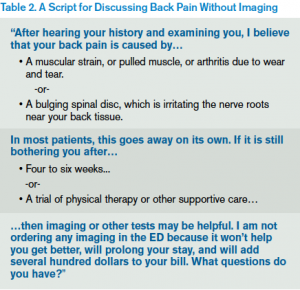 Table 2. A Script for Discussing Back Pain Without Imaging