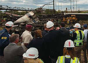 The NTSB Go Team arrives on the scene of the Amtrak train No. 188 derailment in Philadelphia, Pennsylvania.